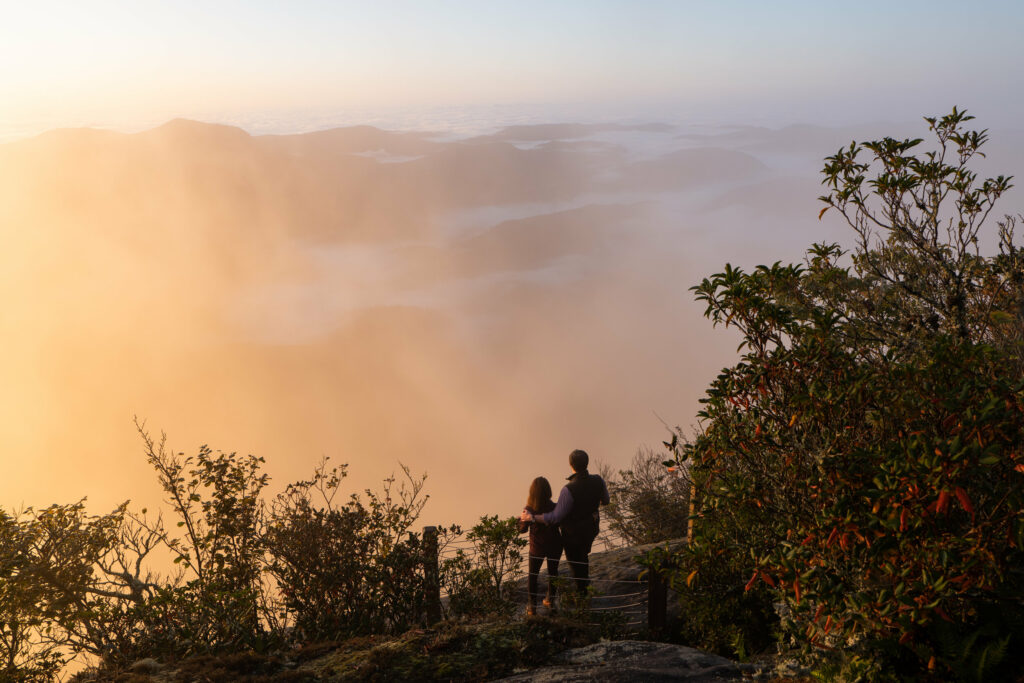 A couple stand small against a big view of foggy mountains lit up with color by the sunrise on the morning of their elopement day.
