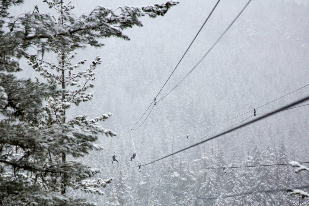 Two people are small in the distance as they fly along on a zip-line over the snowy forest. Zip-lining is a fun idea for an elopement.