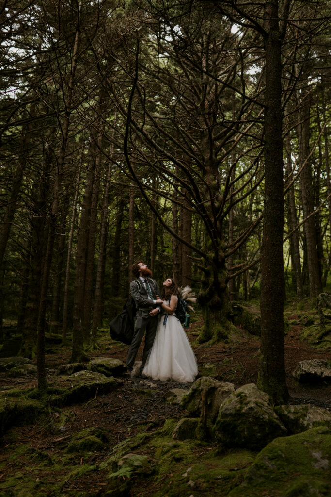 A bride and groom stand hugging and looking up into the mossy, tall trees around them during their elopement day.