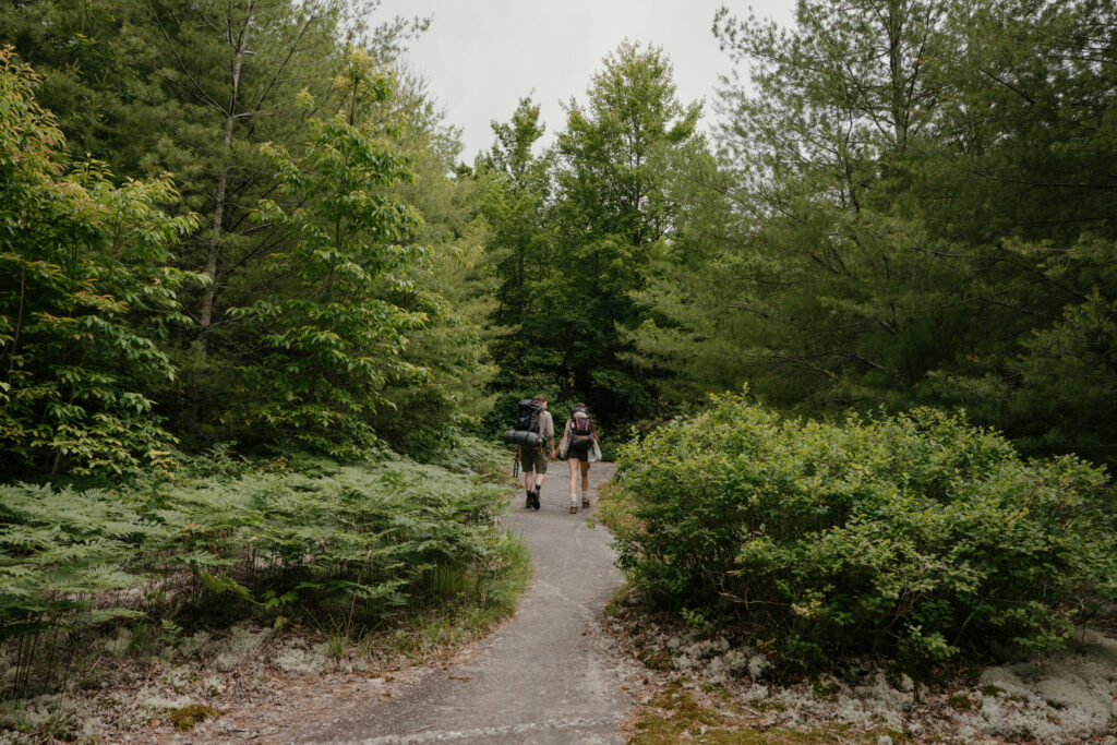 A couple is hiking through the woods holding hands with backpacking gear on.