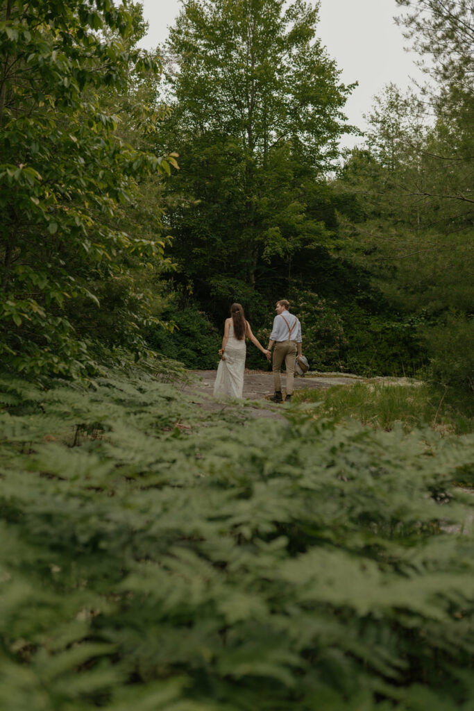 A couple during their elopement is walking away holding hands into the forest in North Carolina.