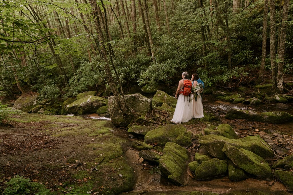 Two women in their elopement dresses stand with hiking backpacks on in a mossy forest looking at the view and the river in NC.