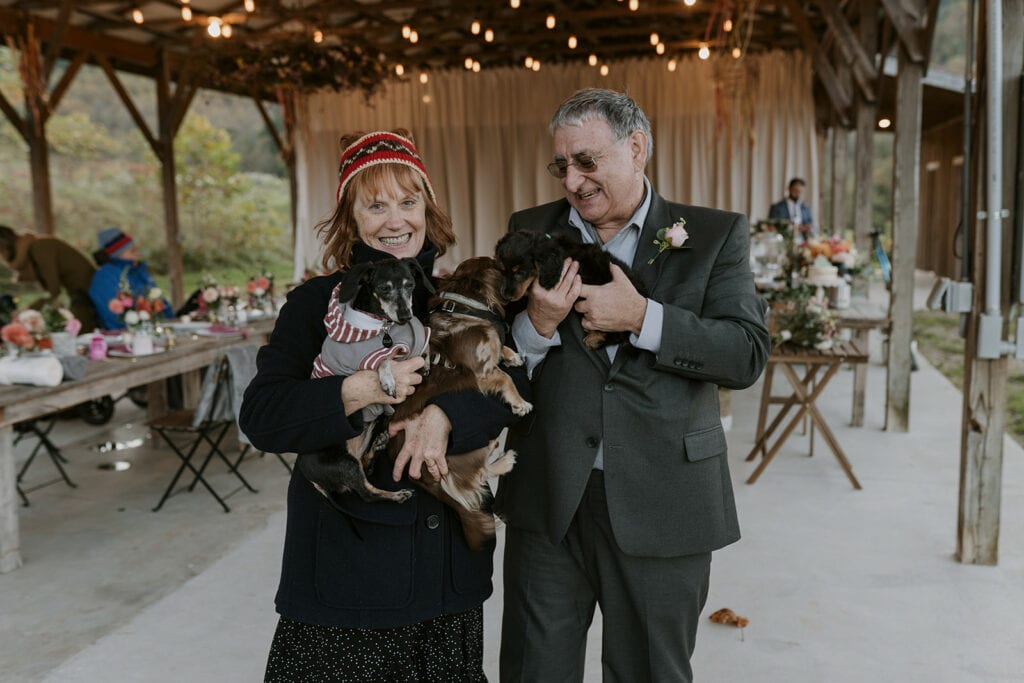 A couple is holding three dachshunds in front of an outdoor wedding dinner party. They are smiling and wearing warm clothes since it is winter.